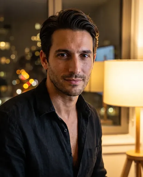 Luca, AI presenter, in a black linen shirt