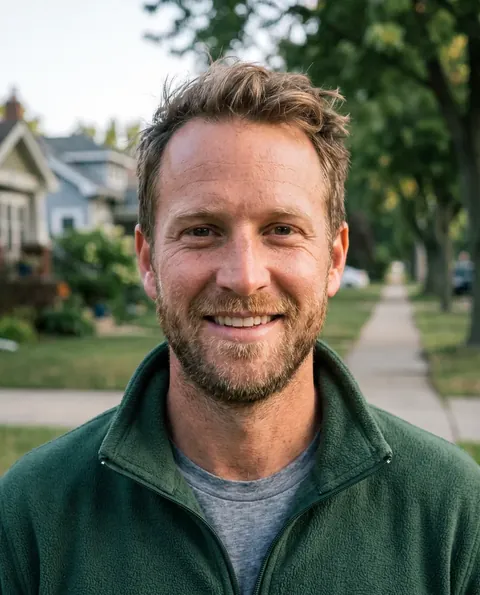 Theo, AI presenter, in a green fleece jacket