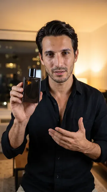 Luca holding a fragrance bottle